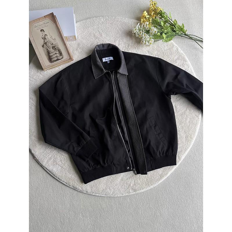 Mens Black Plaid Patchwork Collar Flight Jacket Loose Casual Streetwear Top