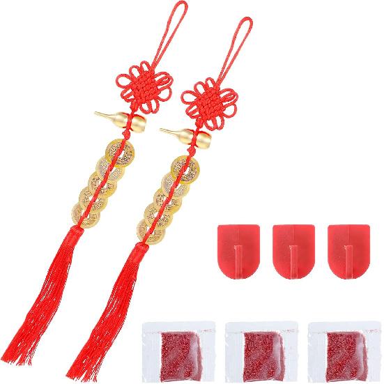 2PCS Feng Shui Good Luck Charms, Metal Gourd 5 Co Feng Shui Decor, Red Chinese Knot Tassel Good Luck Gifts, Five Emperor Co Blessing Gifts for Car