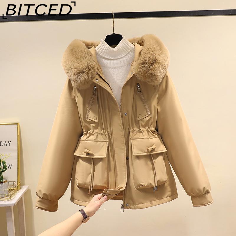 

BITCED Horn Buckle Puffer Coat for Women - Autumn/Winter Slimming Down Jacket with Fashionable Fleece Lining and Thick Fur Trim L хакі