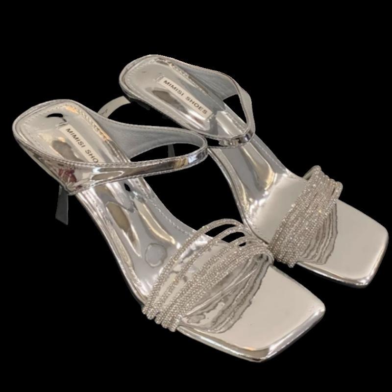 Nude Rhinestone Open-toed Sandals Women's 2025 New Square Head Stiletto with Cool Slippers Temperament Sexy High Heels