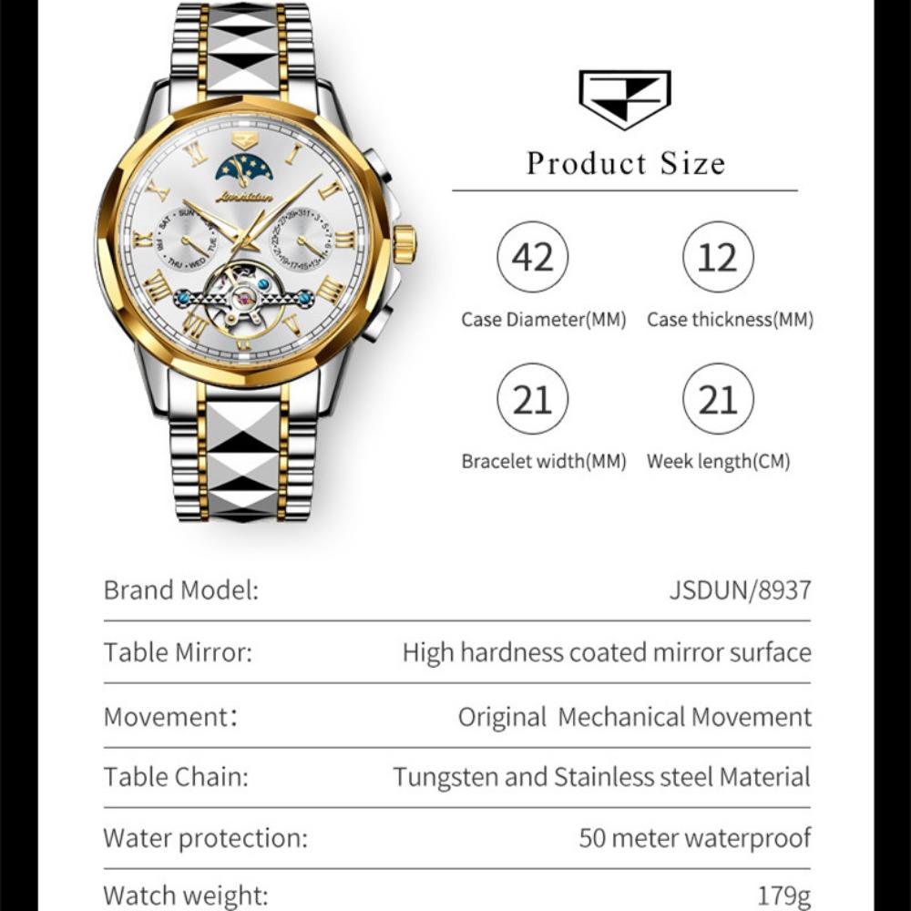JINSHIDUN New Business and Leisure Men's Watch Tourbillon Waterproof Luminous Multifunctional Mechanical Watch Men's Watch