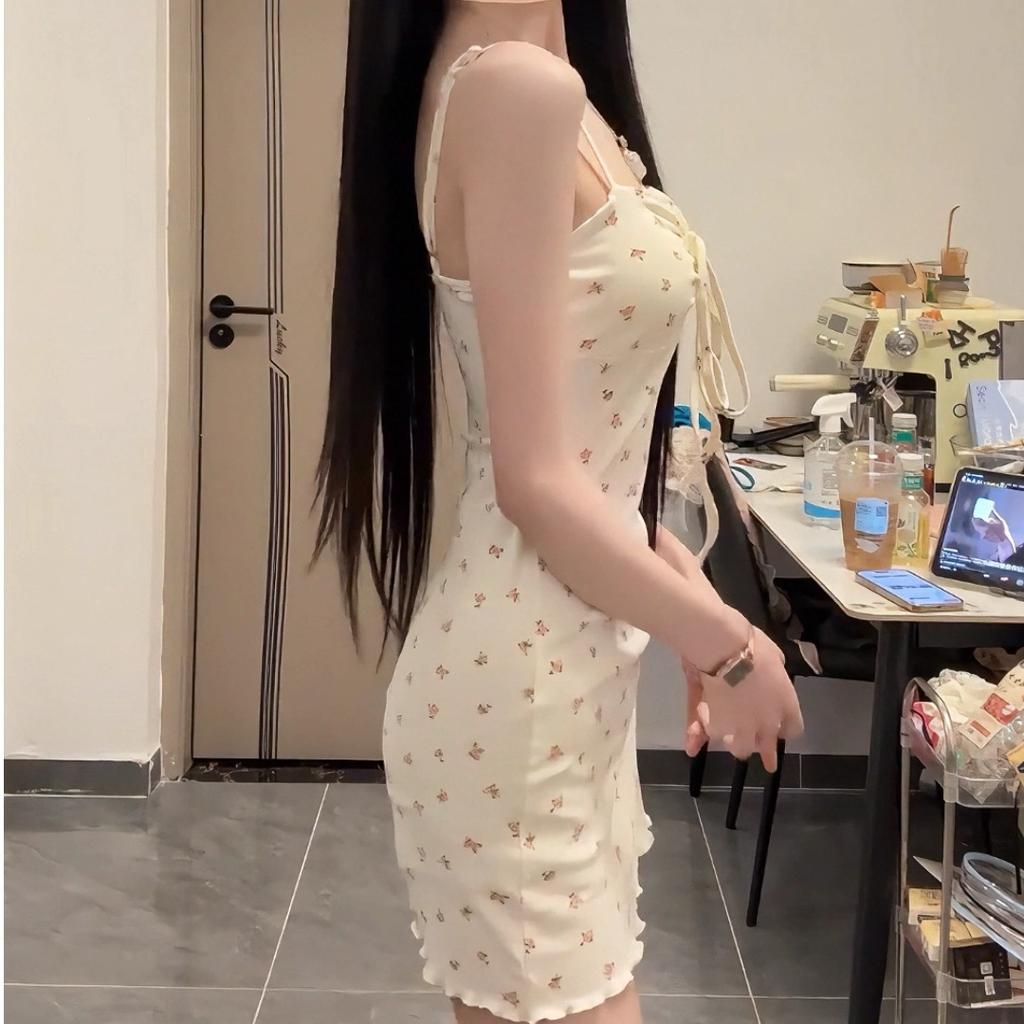 Spice girl retro sexy V-neck floral lace-up bow suspender dress summer pure desire waist hip skirt