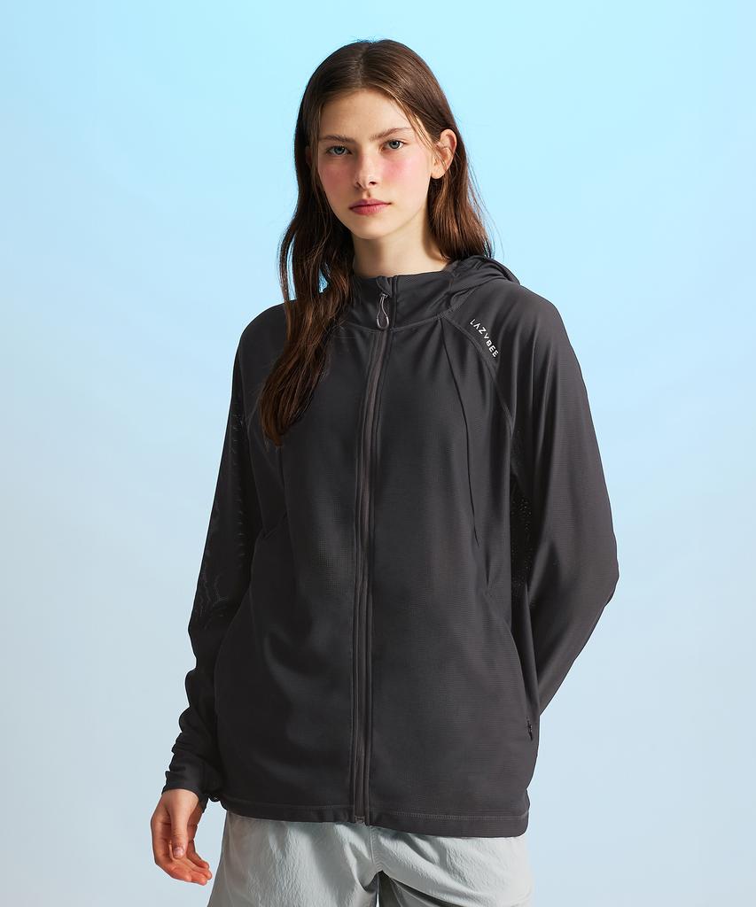 Leijibi Tech Flow Hydro Performance Loose Fit Hooded Zip-Up Rash Guard W Charcoal