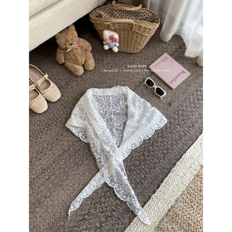 Kumikumi French style Lace Patchwork White Headscarf Women Summer Mesh Waist Towel Fart Curtain Dual-Use Triangular Binder