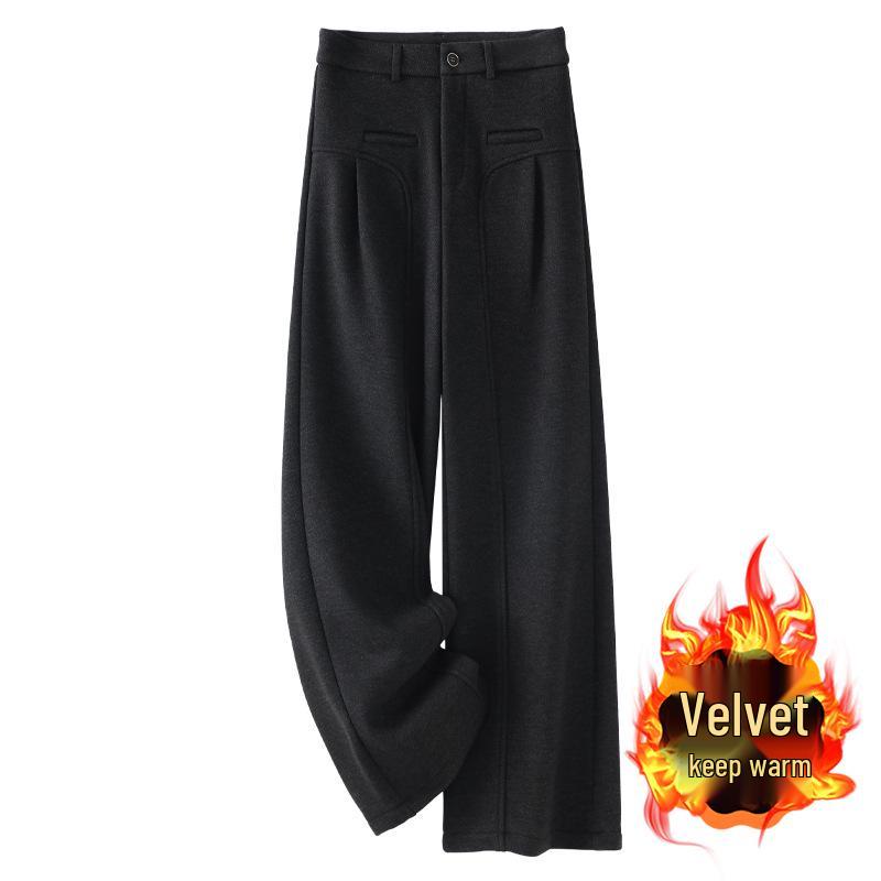 

Женские брюки палаццо из шерсти цвета хаки 2024: Осенне-зимние брюки с высокой посадкой, на флисовой подкладке, драпирующиеся, прямого кроя 2XL