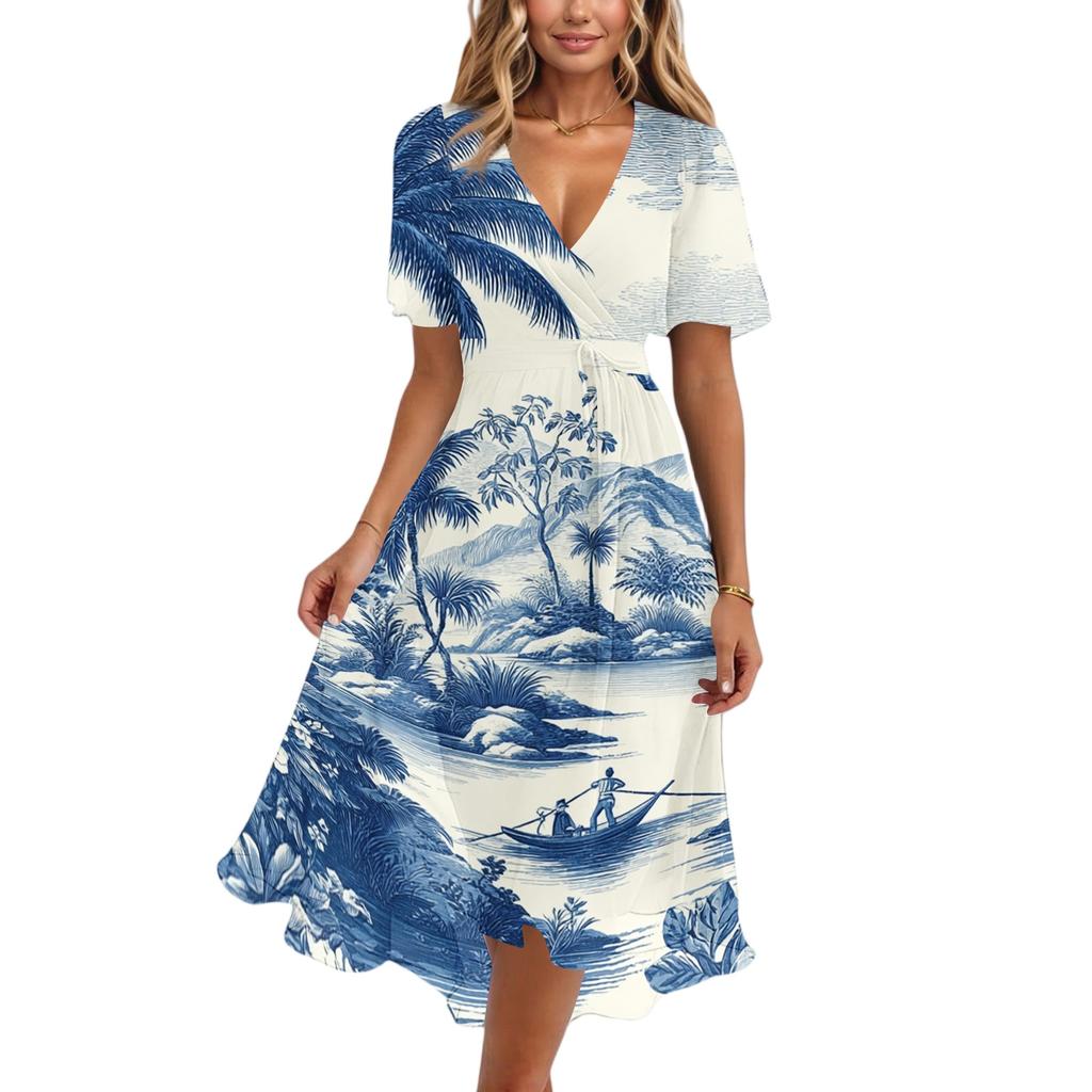 Women's Casual V Neck Short Sleeve Hawaiian Print Dress Midi Length Lightweight Comfortable Summer Beach Dress