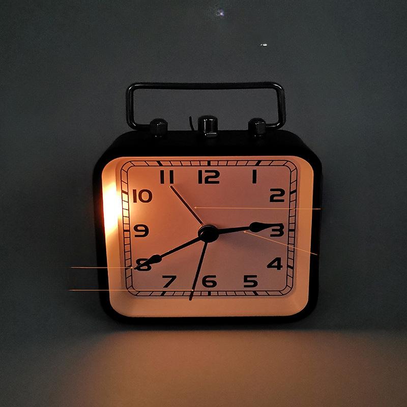 Square Alarm Clock Metal Table Clock Silent Light with Lights and Sleepy with Handheld Pointer Style Student Bedside Alarm Clock
