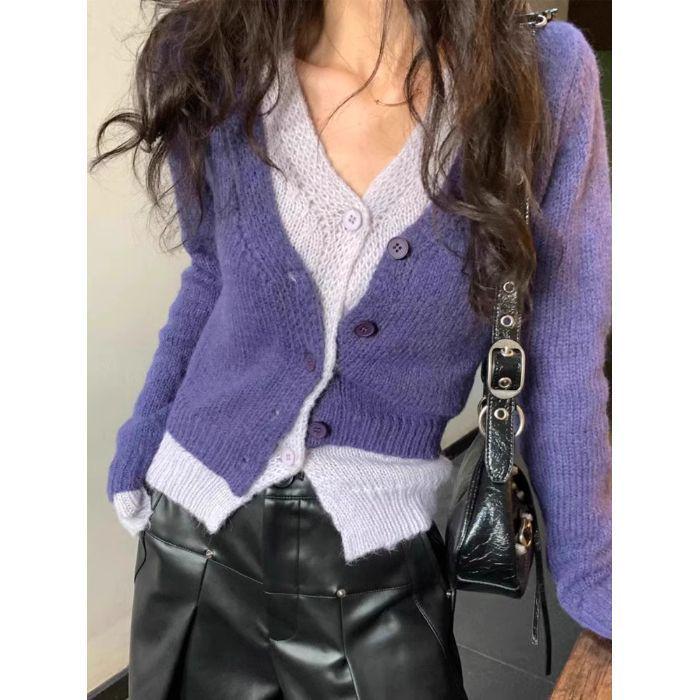 

Женский ретро серый многослойный вязаный кардиган свитер - V-образный вырез, маленький размер, для осени/зимы One Size фиолетовый