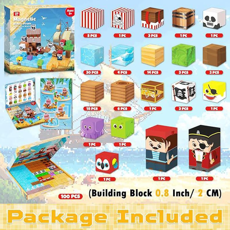 Non-Toxic 100Pcs Children Cartoon Building Blocks Pirate-Ship World Set Creative Learning Sensory Toys Educational Magnetic Cube Bricks
