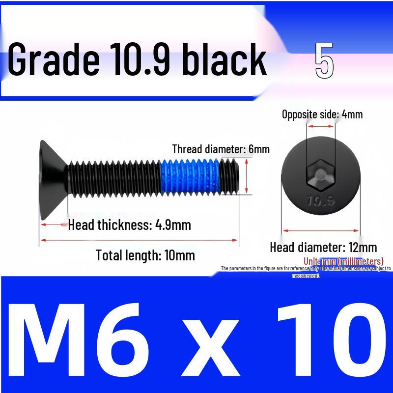 Black Anti-Slip Flat Cup Screw with Adhesive Blue Glue, Countersunk Hexagon Socket, Available in M2-M8 Sizes