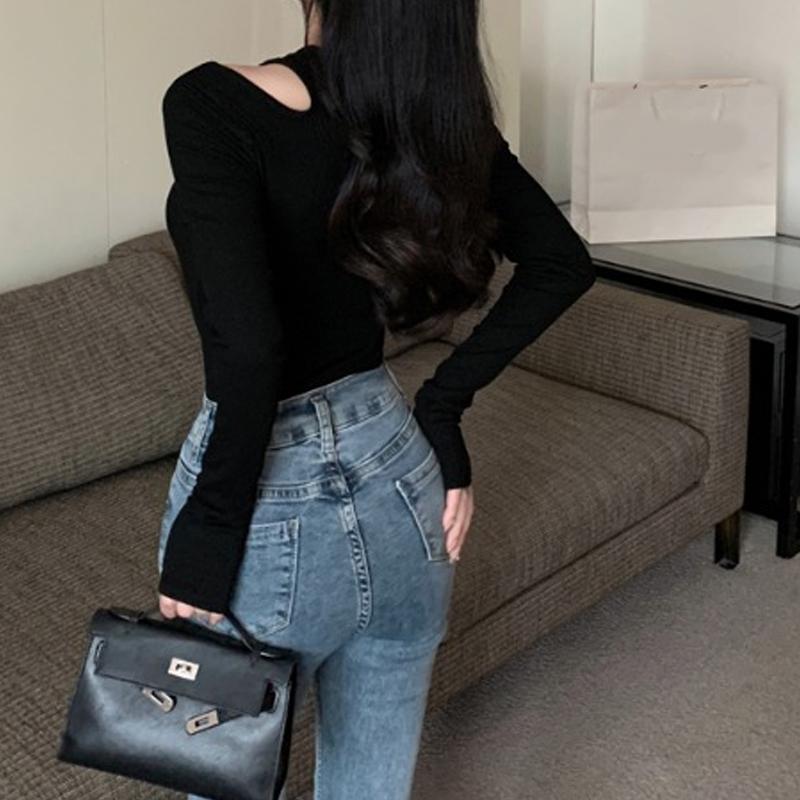 Módní pletené tričko s dlouhým rukávem odhalující ramena Jaro Podzim Černé Asymetrický límec Krátké Vnitřní Ležérní Trička Elegantní Základní Slim Fit Oblečení