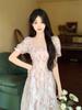 First Love Floral Chiffon Dress - Romantic Square Neck, Elegant Waist-Cinched, Slimming Design, Plus Size Fairy Summer Long Dress for Women