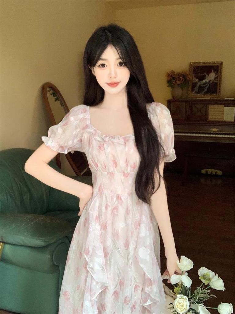 First Love Floral Chiffon Dress - Romantic Square Neck, Elegant Waist-Cinched, Slimming Design, Plus Size Fairy Summer Long Dress for Women