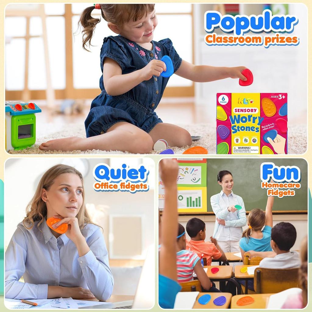 6PCS Worry Stone Fidget Toy for Kid Textured Soft Worry Stone for Autism Kid Calming Stress Toy for Student Adult Anxiety Relief