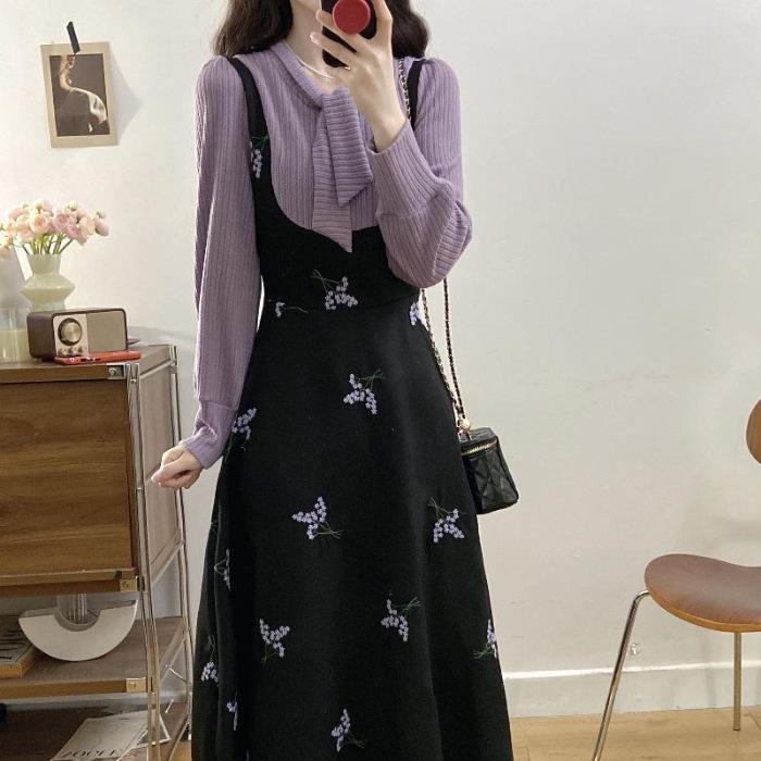 

Purple Long-Sleeve Faux Two-Piece Dress - Retro Waist-Cinching Slimming Plus-Size Fall/Winter Women s Fashion Extra Large