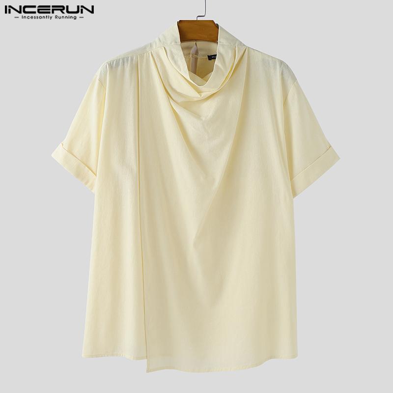 INCERUN Men High Swing Collar Short Sleeve Cotton Casual T-shirts Tops