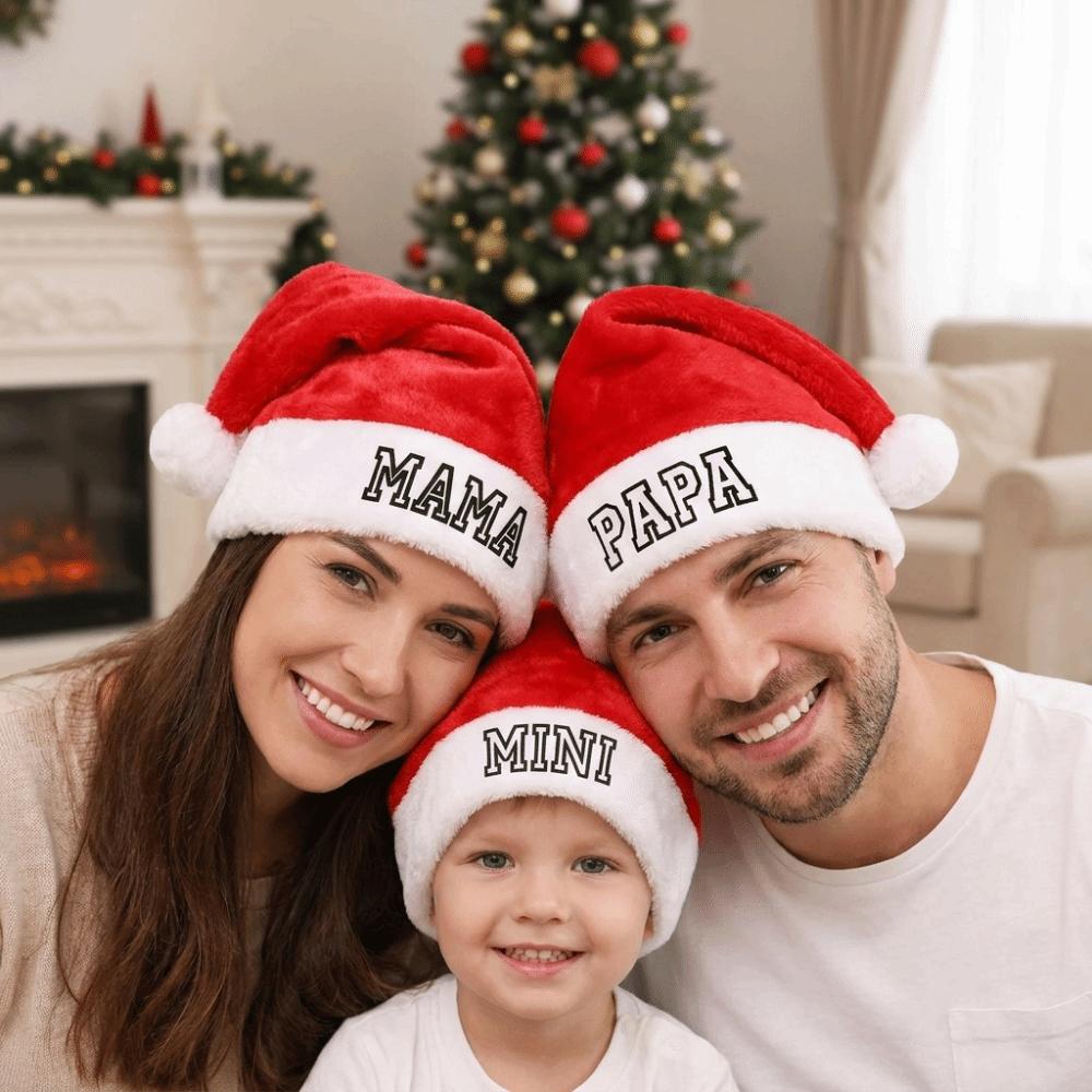 Fluffy Christmas Santa Cap DAD MOM MINI Embroidered Family Xmas Decor Hat Xmas Party Gift