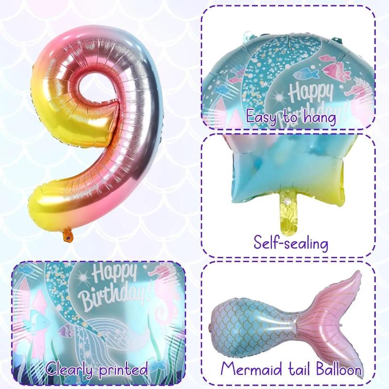 Meerjungfrauen-Mottoparty-Dekorationen Helium-Folienballons Schwanzdesigns Regenbogen-Zahlen Muschel-Akzente für Kindergeburtstag Babyparty