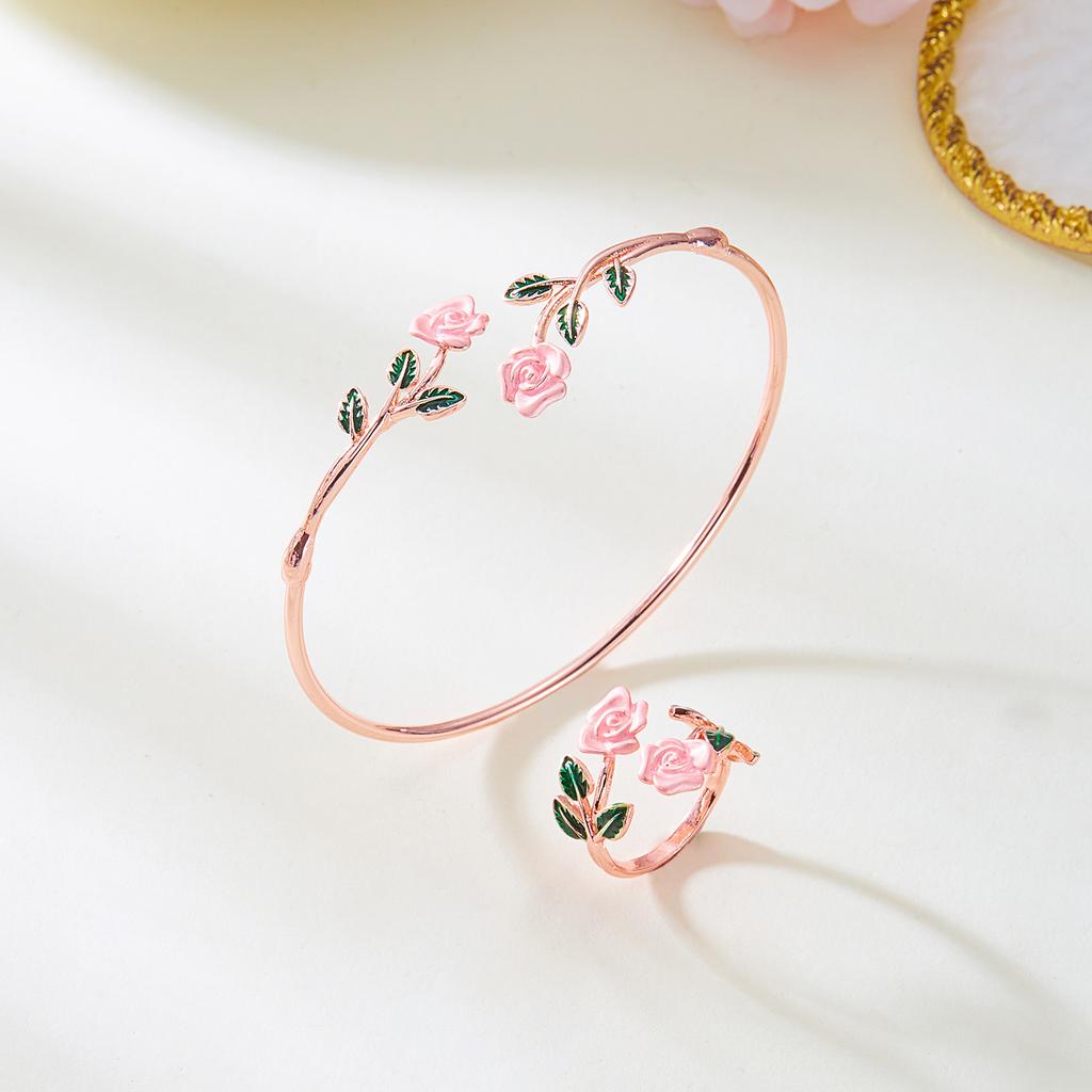 Retro Dripping Oil Pink Flower Bracelet Ring Set For Women Vintage Simple Gold Color Open Cuff Bracelet Party Wedding Jewelry Gift