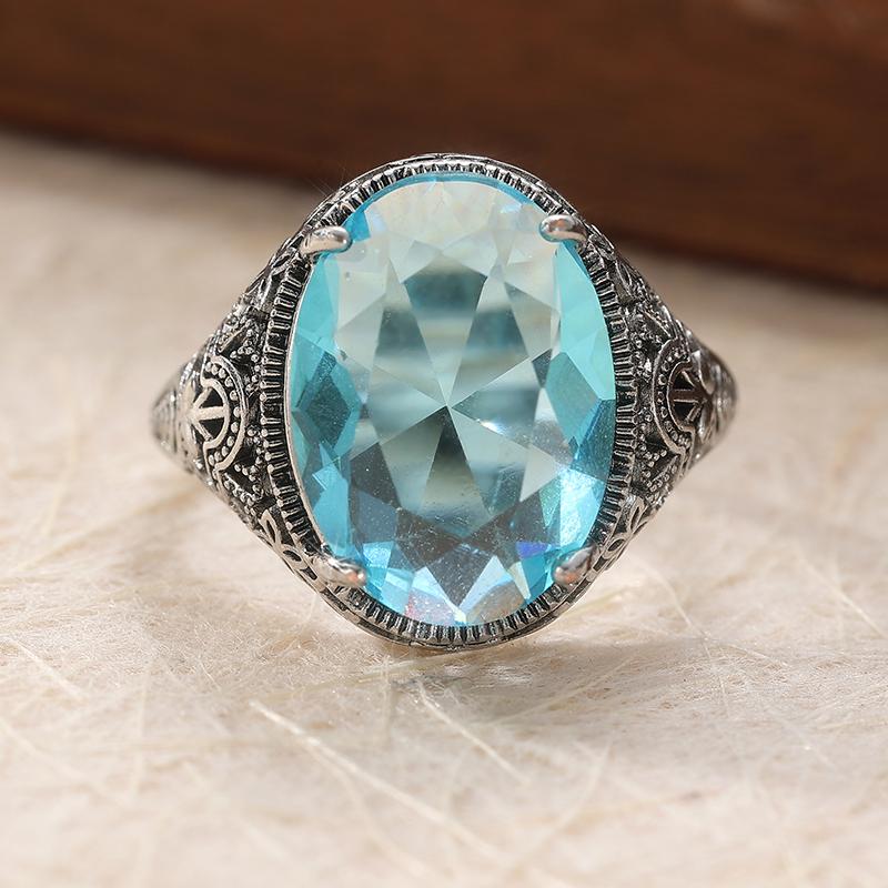 Dazzling CopperColor Inlaid Sea Blue CZ Women's Ring Geometry Daily Wear Party Jewelry
