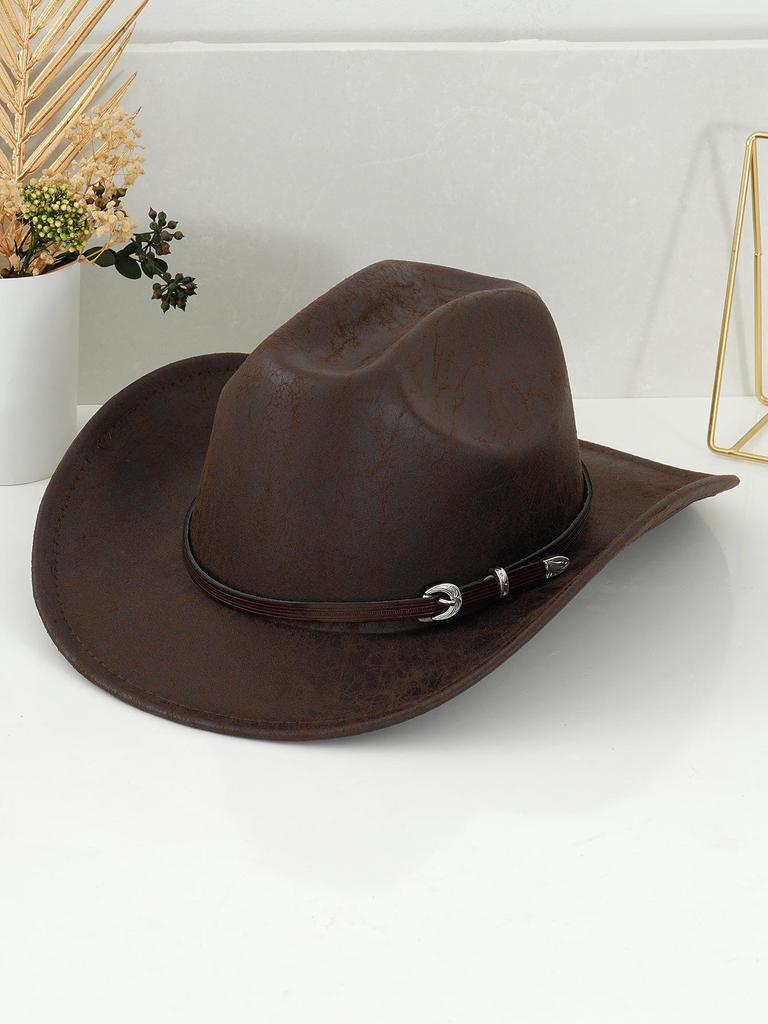 Unisex westernové kovbojské klobouky: Kovové kulaté a boční vzory s přezkovým páskem, ideální na večírky a cestování u táboráku