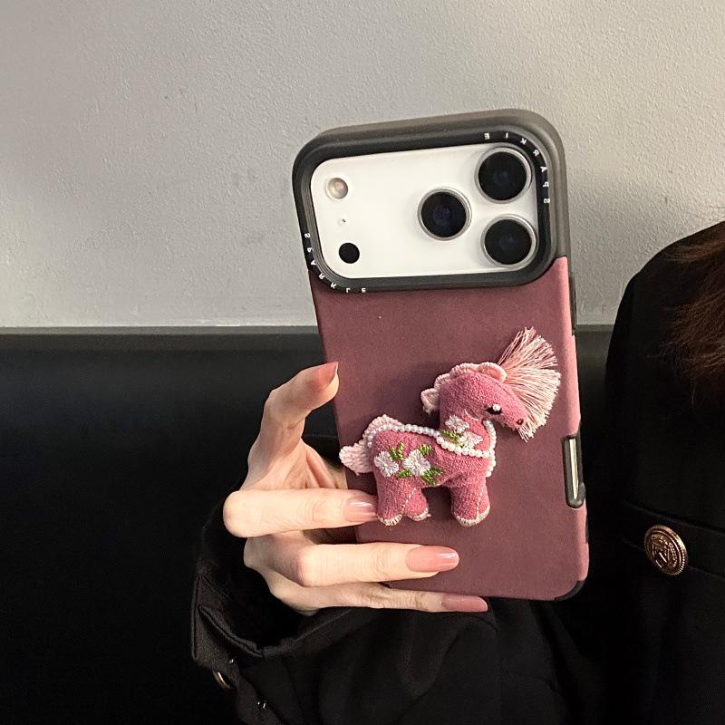 3D Cartoon Embroidered Horse Phone Case for Apple 17 Pro/16 with Silk Screen Large Hole Design