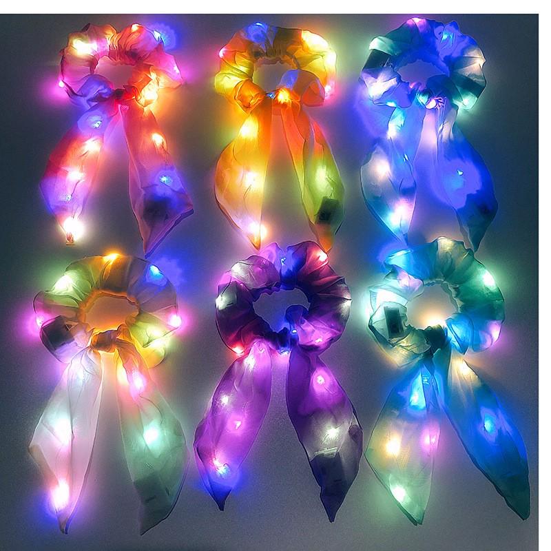 LED Light-Up Large Intestine Hair Scrunchie - Women's Shiny Nightclub Elastic Flower Headband for Parties and Christmas