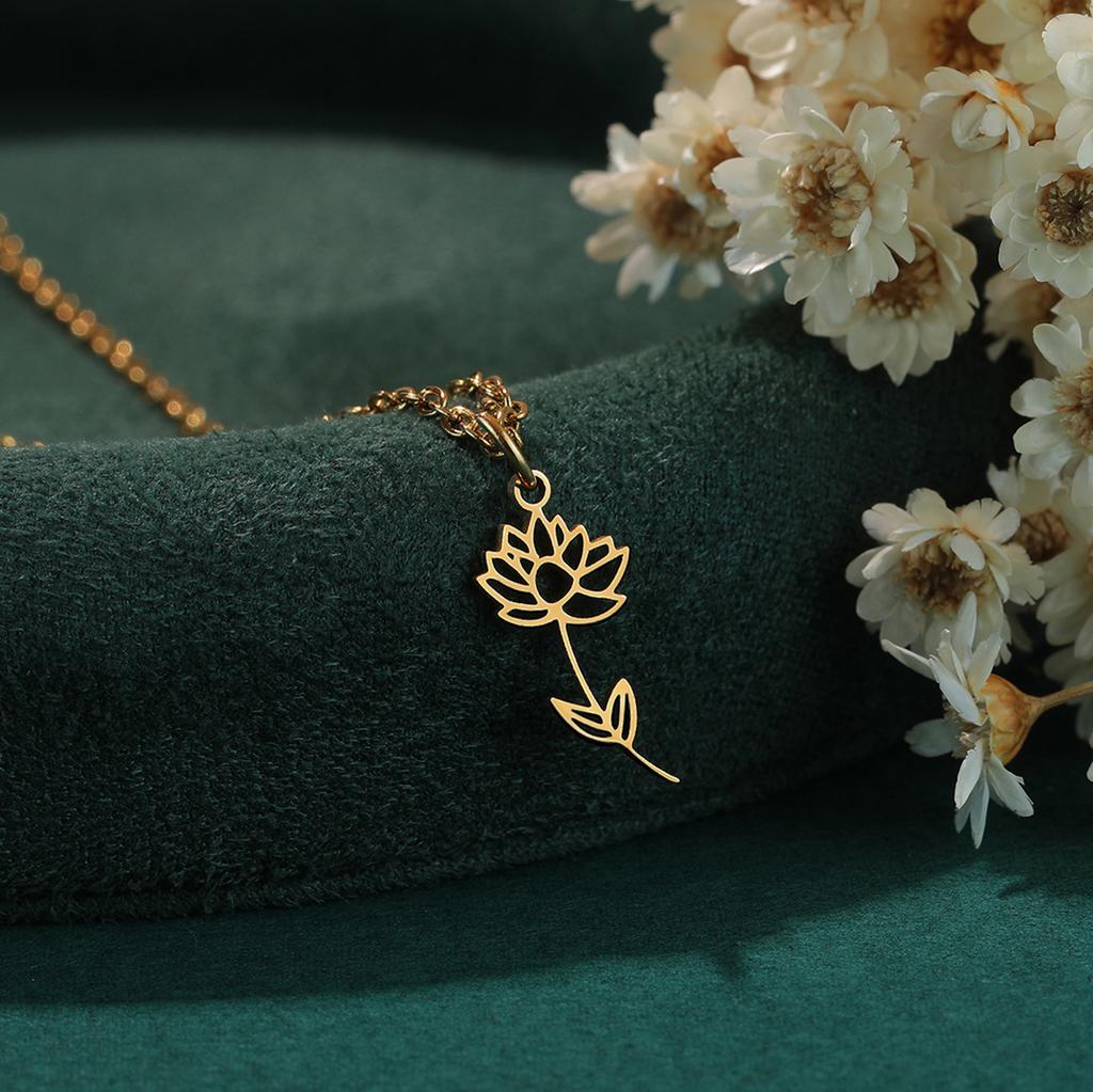 Kinitial Birth Flower Necklaces For Women Girls Stainless Steel 12 Month Flower Necklaces Birthday Jewelry Gift