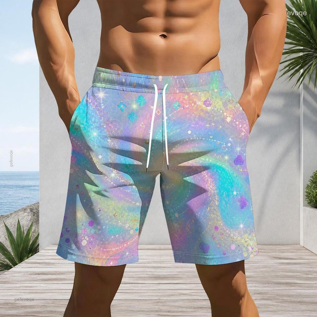 Men Plus Size Colorful Glitter Printed Beach Shorts Drawstring Waist Straight Leg With Side Pockets