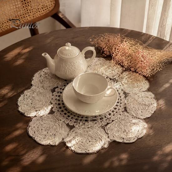 Round Lace Placemats Rose Placemat, Embroidered Coaster Place Mat, Retro European Style Table Decor Doily for Tea Cup Vase Dining Decoration