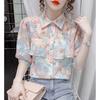 New Summer Pearl Ruffle Edge Floral Chiffon Blouse Sweet Turn Down Collar Floral Short Sleeved Bottoming Shirt
