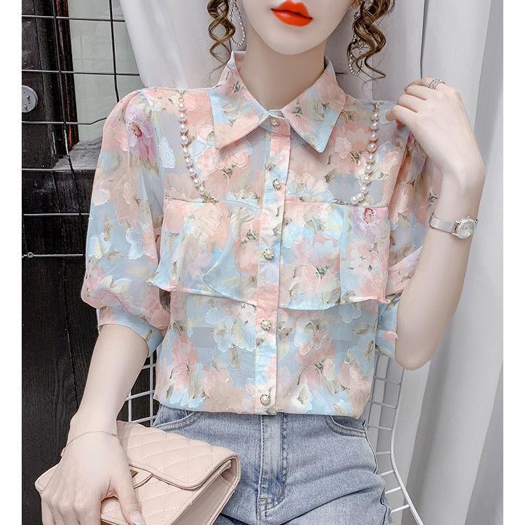 New Summer Pearl Ruffle Edge Floral Chiffon Blouse Sweet Turn Down Collar Floral Short Sleeved Bottoming Shirt