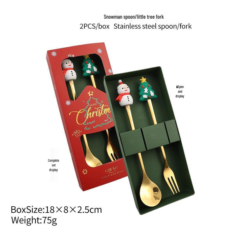 Christmas Cartoon Cutlery Set: Forks, Spoons, and Gift Box Featuring Cute Reindeer and Tree Designs.