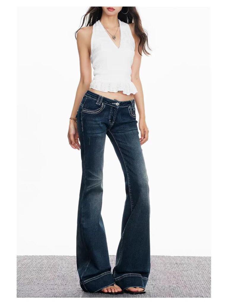 Jeans Micro-Flare a Vita Bassa Yi Mengling - Pantaloni Flare Elasticizzati Lavati da Donna, Primavera/Autunno