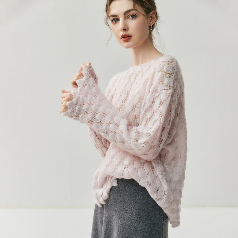 Hollow-Out Feather Design Women's Cashmere Knitwear Top - Lightweight Spring & Autumn Sweater