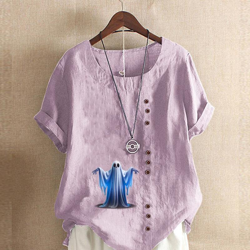 Women's Fashion Ghost Prined Round Neck Short Sleeve T-shirt Casual Cotton Linen Graphic Shirt Leisure Loose Summer Blouse Tops