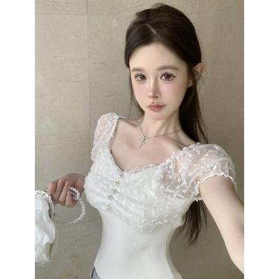 Καλοκαιρινό Πλεκτό Πουλόβερ Off Shoulder με Κουμπιά Πέρλες για Ζεστές Κοπέλες Σέξι Κοντό Τοπ με Δαντελωτές Επενδύσεις Εφαρμοστό Κοντομάνικο για Εσάς