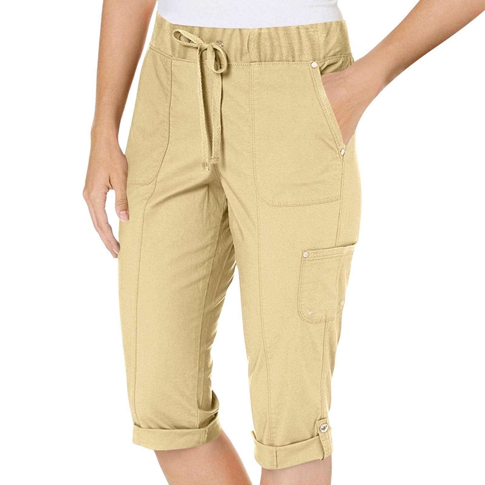 

Women s Fashionable Workwear Pants With Solid Color Pockets, Drawstring, Elastic Waist, Casual Cropped Pants XL хакі