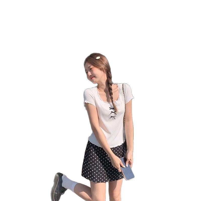 Ballet Style Lace Short-sleeved T-shirt for Women In Summer Pure and Sexy Little Girl Bow Top