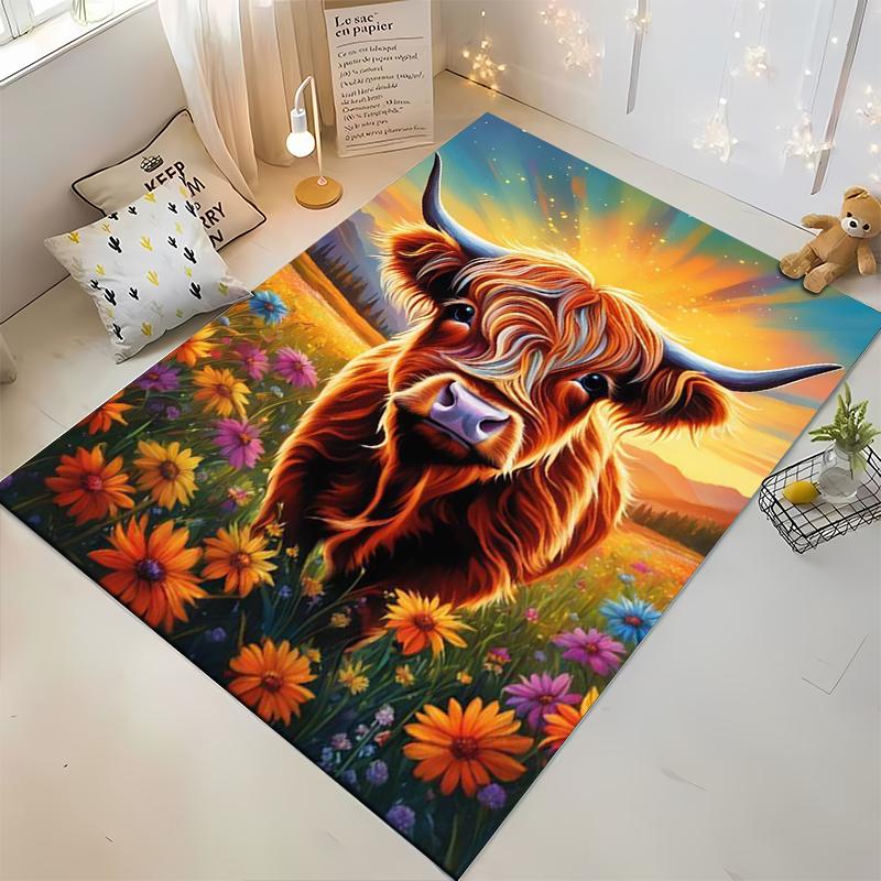 "Colorful Highland Cow in Floral Field Rug - Non-slip rug suitable for living room and bedroom sofas"