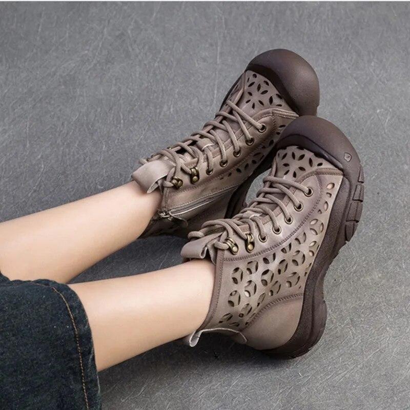 Johnature Genuine Leather Women Shoes Soft Sole Hollow-out Summer Boots Vintage Versatile Breathable Sandals