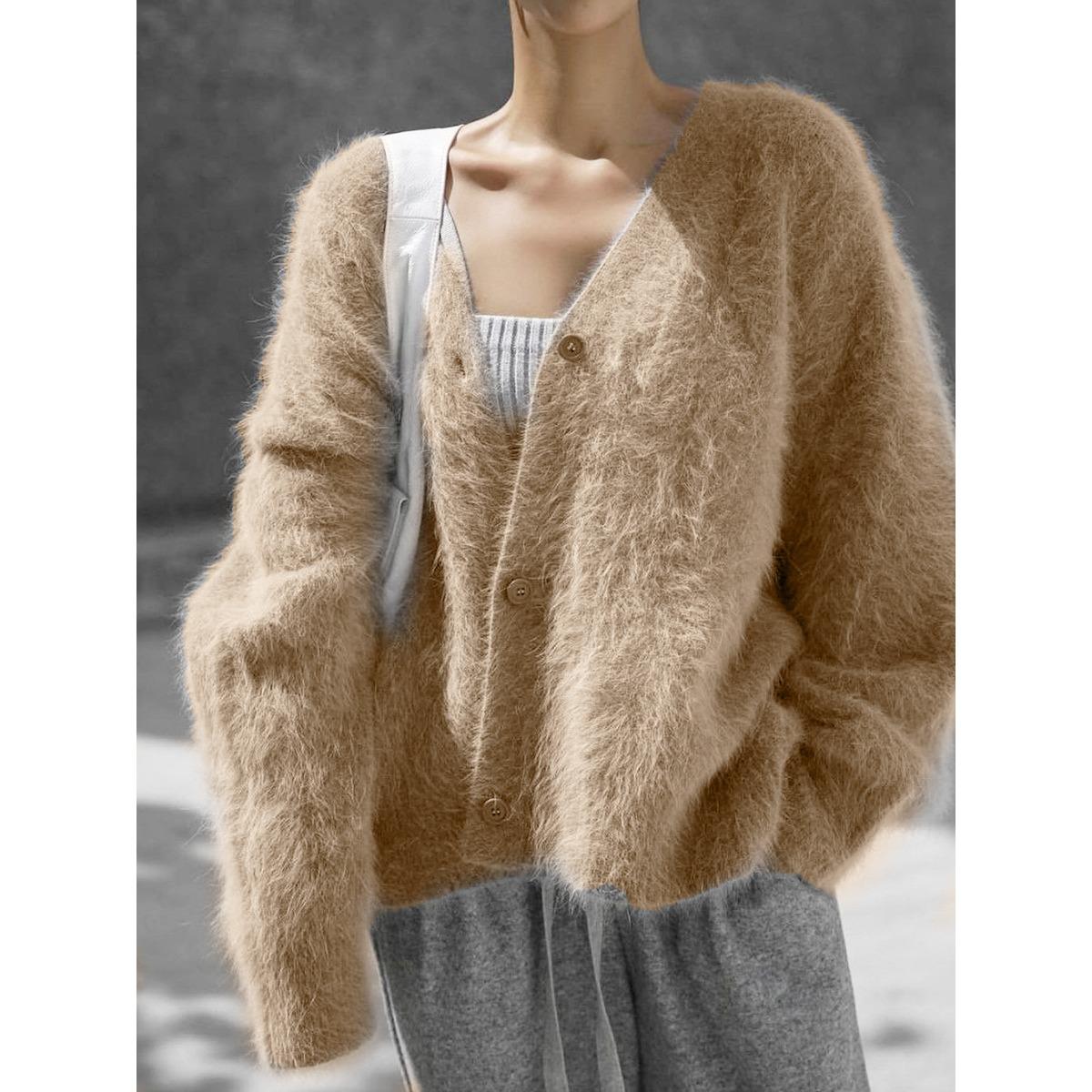 

Вязаный кардиган для женщин на осень, свободный свитер из искусственной норки с V-образным вырезом, мягкий и плотный топ S дубильная кора