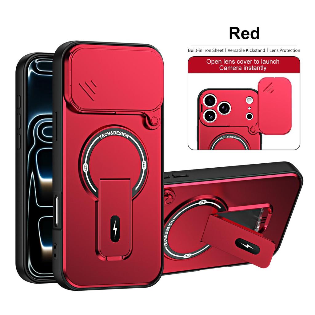 Magnetic Stand Phone Case for Apple 13, 14, 15 Pro, 17 Pro Max with Push-Window and Full Lens Coverage