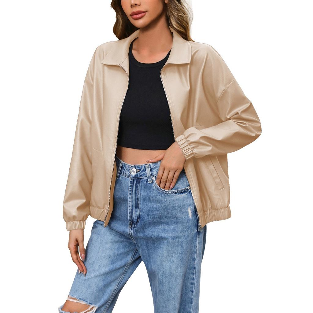 Ladies Fashion Casual Solid Color Outdoor Leather Jacket Short Coat