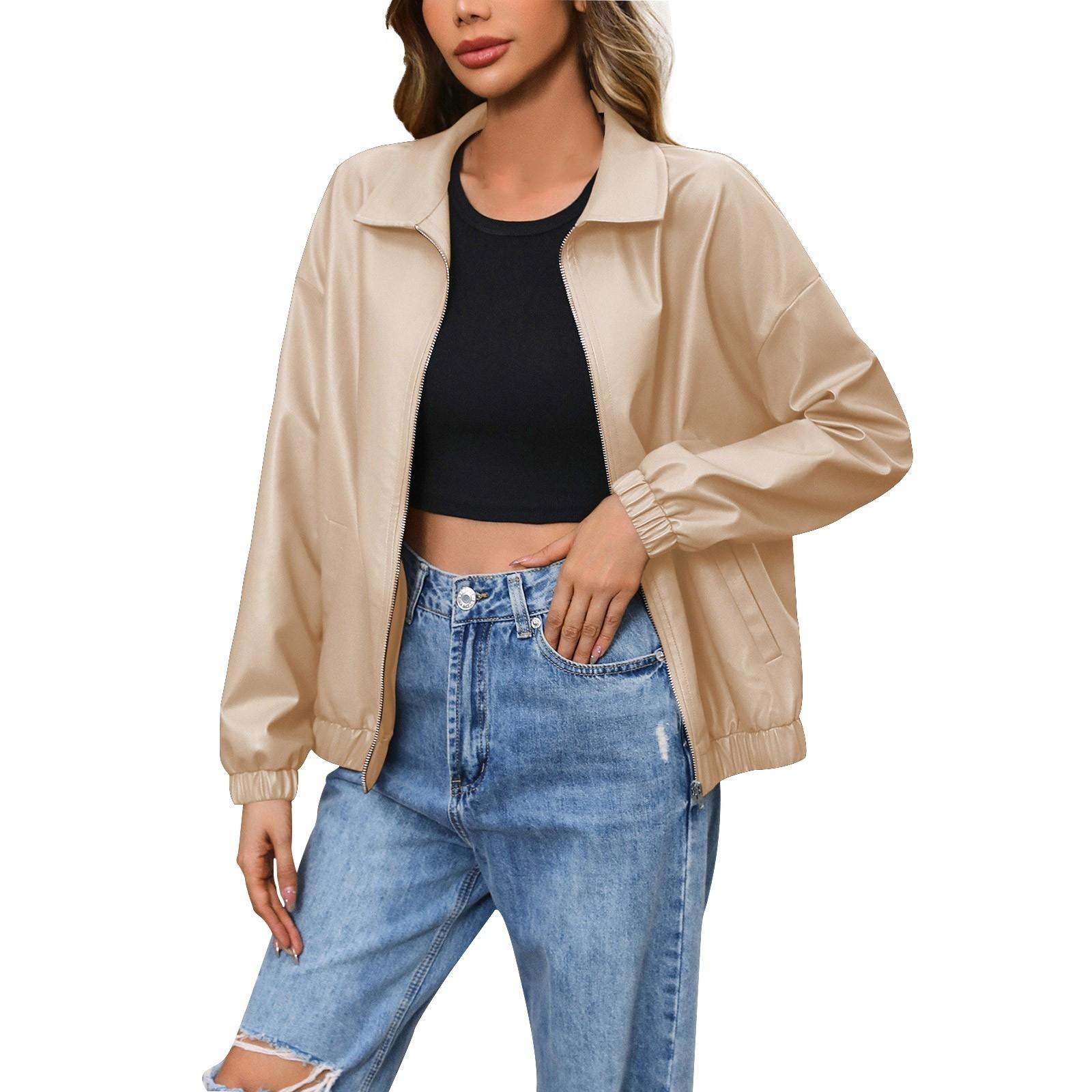 

Женская модная повседневная однотонная кожаная куртка для улицы, короткое пальто L бежевый