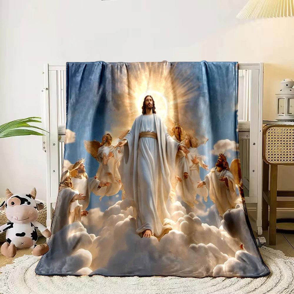 A divine figure in white robes surrounded by angels and glowing light. for all seasons blanket lunch break throw gift