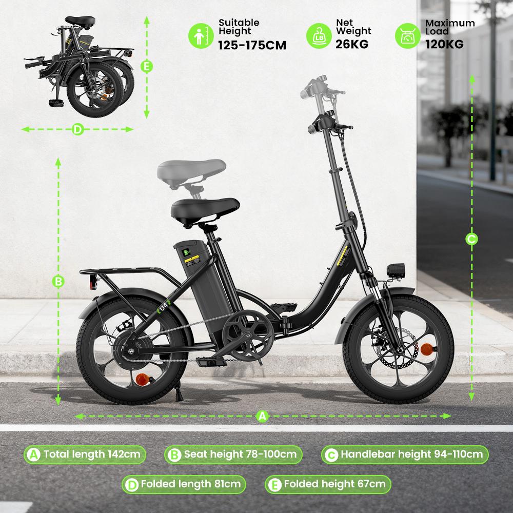 U4 Electric Bike 10.4Ah Battery 25KM/H Max Speed Front Suspension Disc Brake 3-Speed Modes 55+ Miles Range Compact Electric Bicycle with 16'' Tires