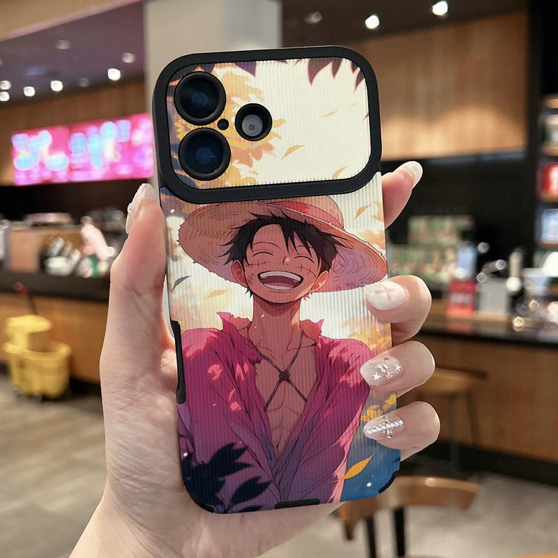 

Luffy Cartoon Printed Vertical Grain Leather Soft Silicone Phone Case Back Cover with Camera Lens Full Protection for iPhone 17 Honor 300 Pro