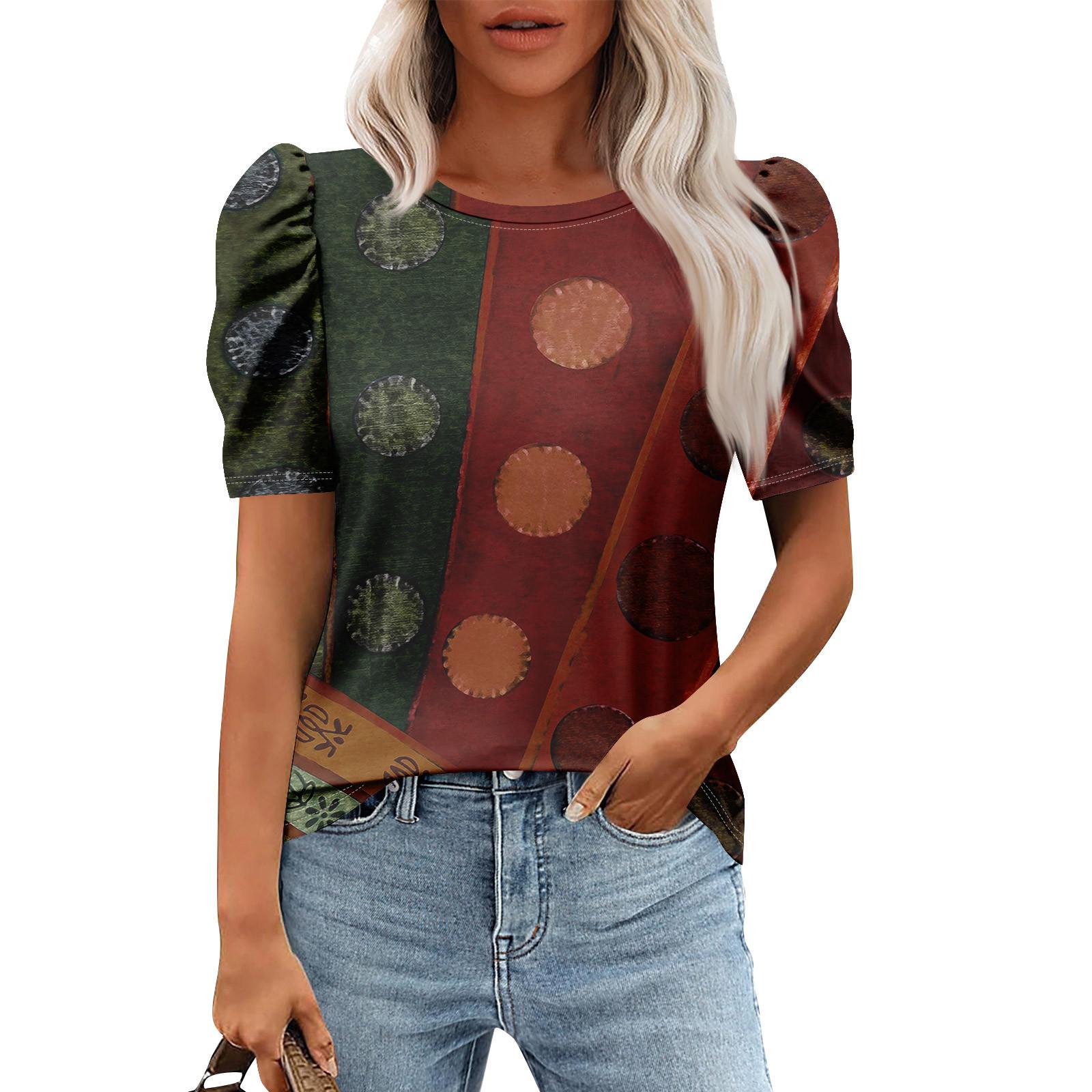 

Женские повседневные топы с коротким рукавом и круглым вырезом с принтом, туники, рубашки, летняя одежда L кофейный