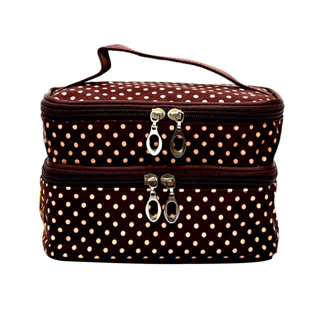 Women Girls Cosmetic Bag Makeup Case Double Layer Dot with Mirror Toiletry Bag Organizer Pouch Case Handbag